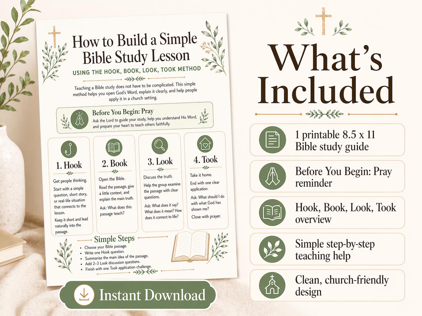 Simple Bible Study Lesson Guide | Hook Book Look Took Method (Digital Download)