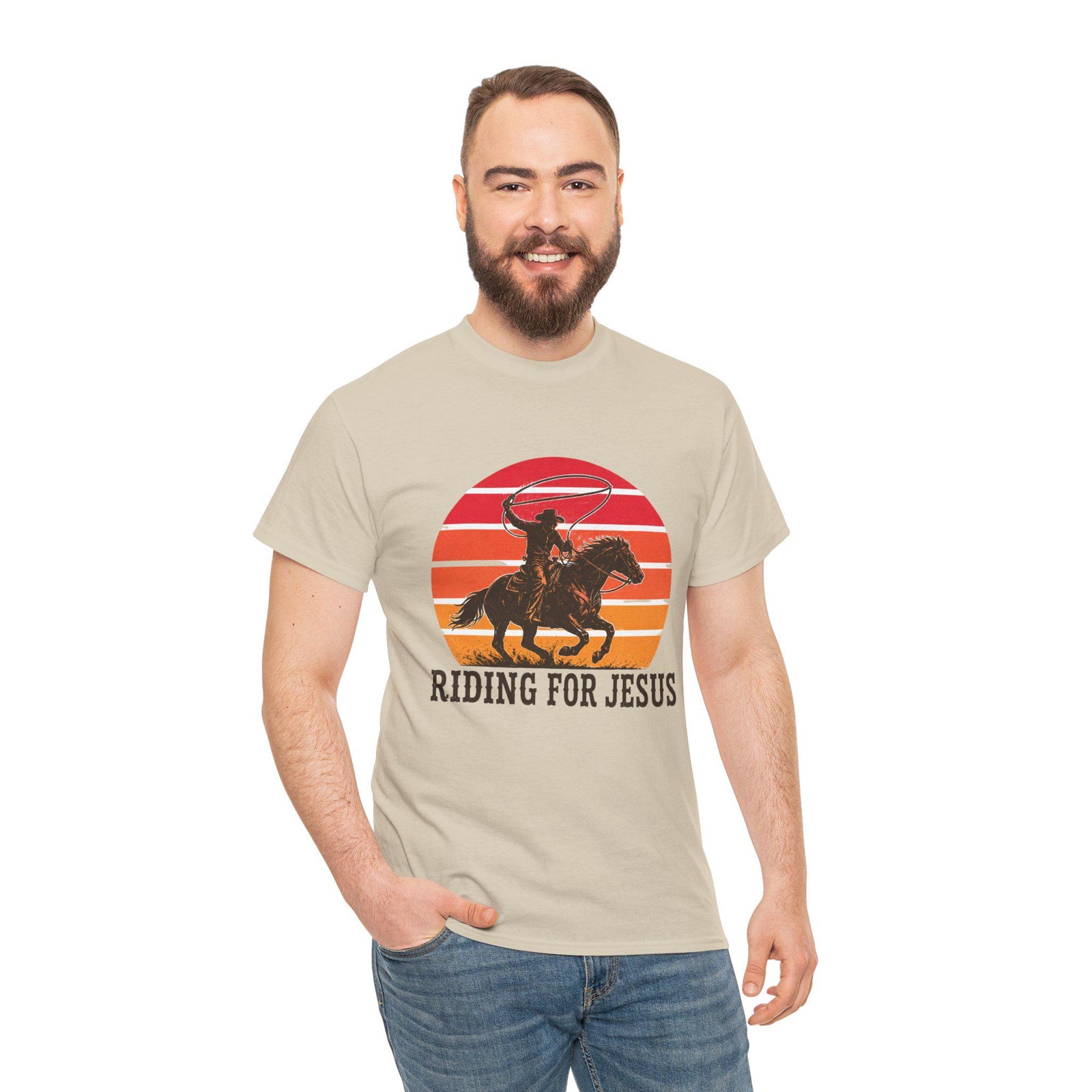 Riding for Jesus tee | Cowboy silhouette sunset graphic tee