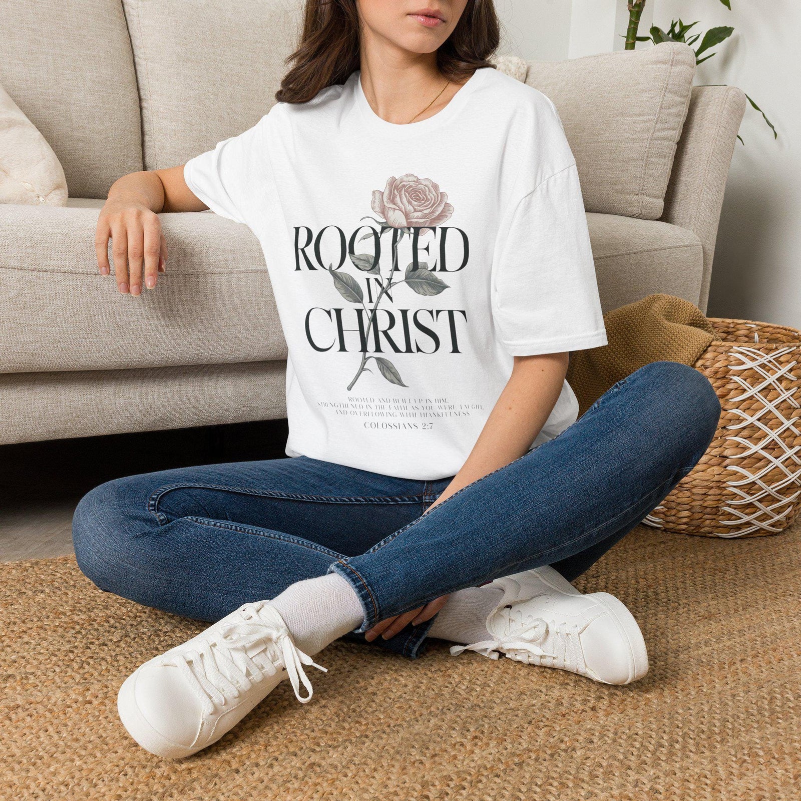 Rooted in Christ T-Shirt | Floral Rose Christian Faith Tee