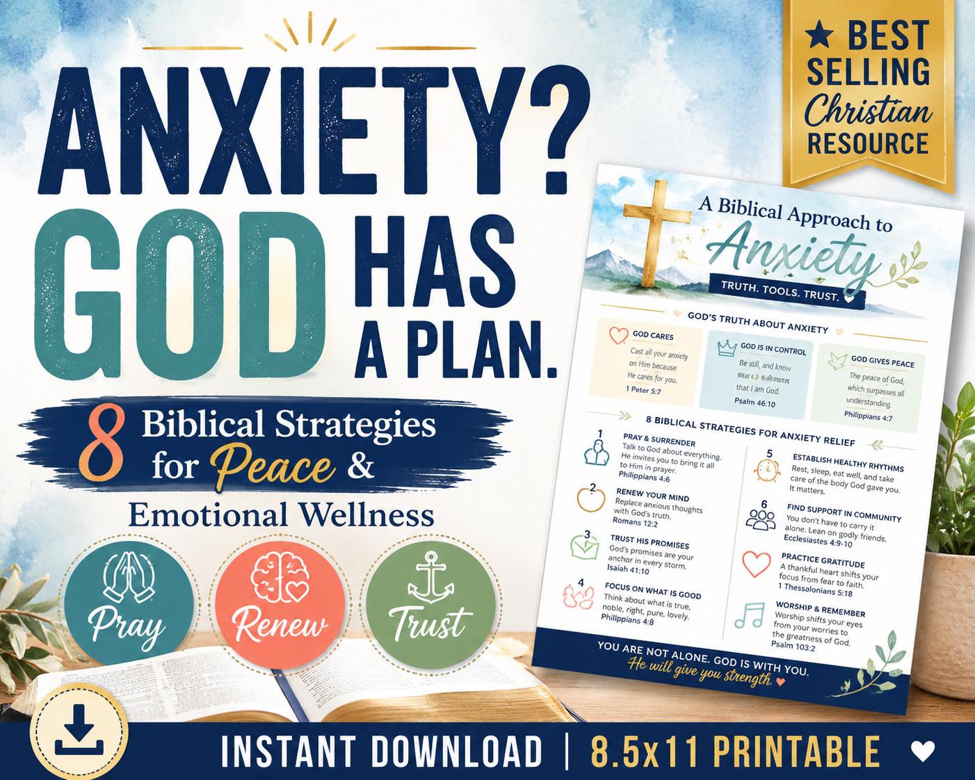 Biblical Anxiety Relief Guide | Christian Mental Health Worksheet (PDF Download) Bible House Goods