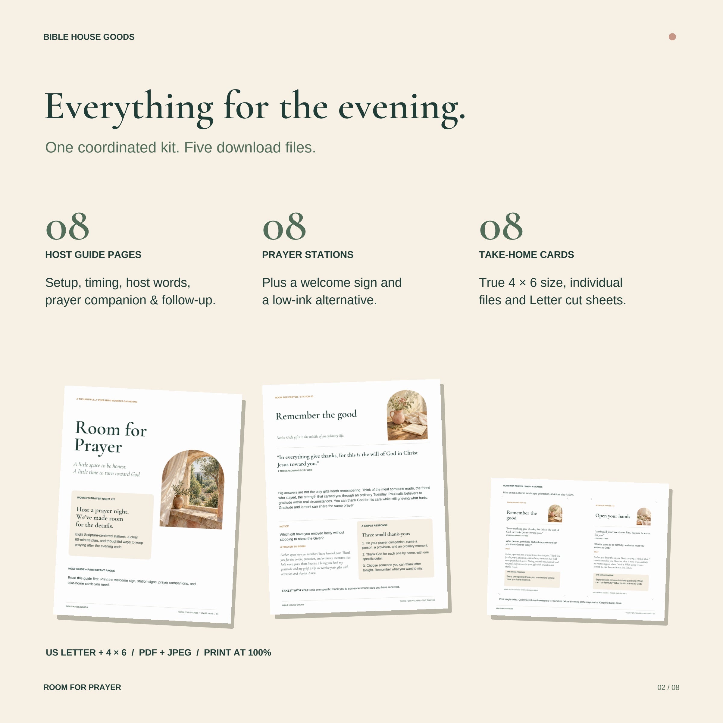 Kit contents: eight-page host guide, eight prayer stations plus welcome, low-ink alternatives, and eight 4x6 cards.