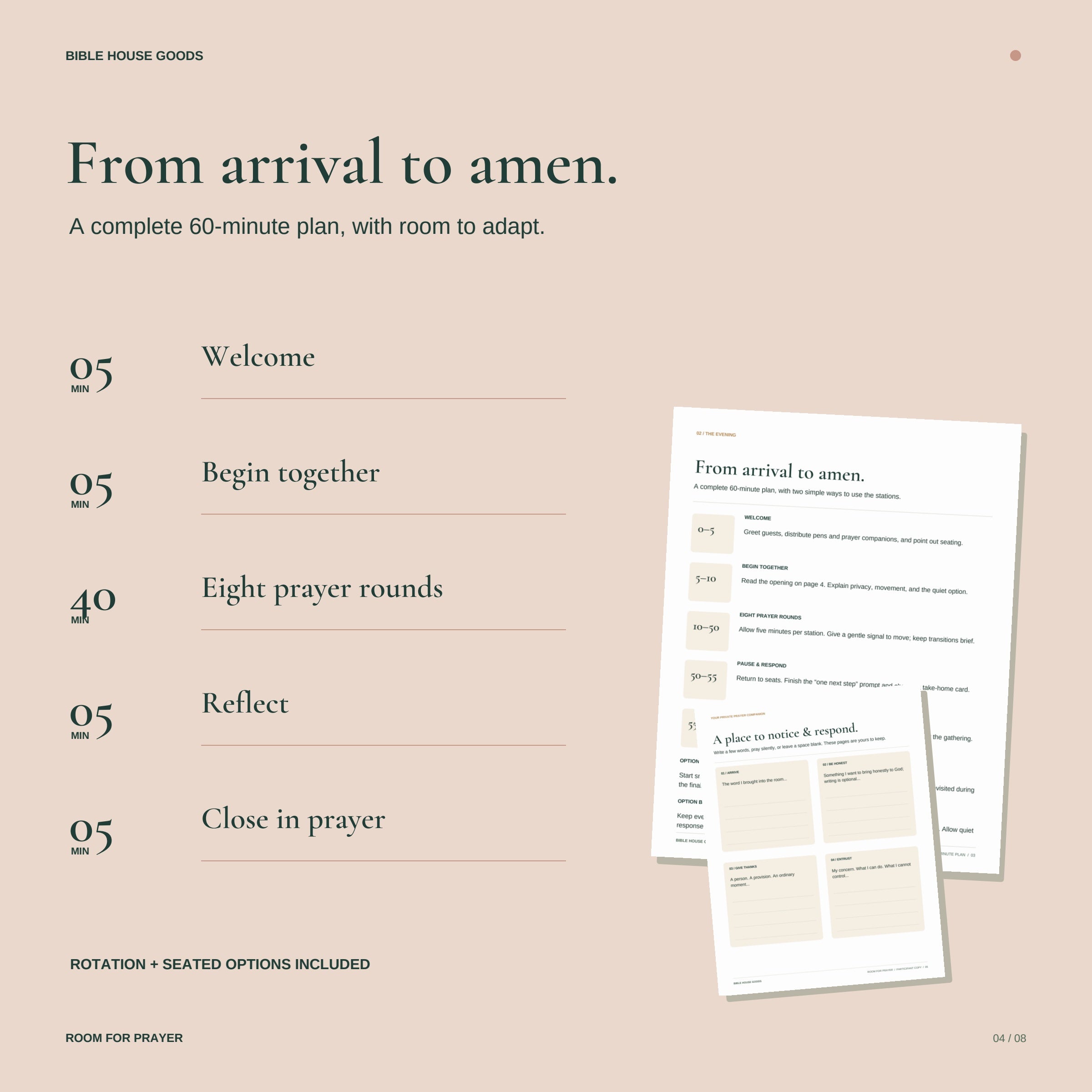 Actual 60-minute hosting plan and private prayer companion pages for a women's ministry gathering.