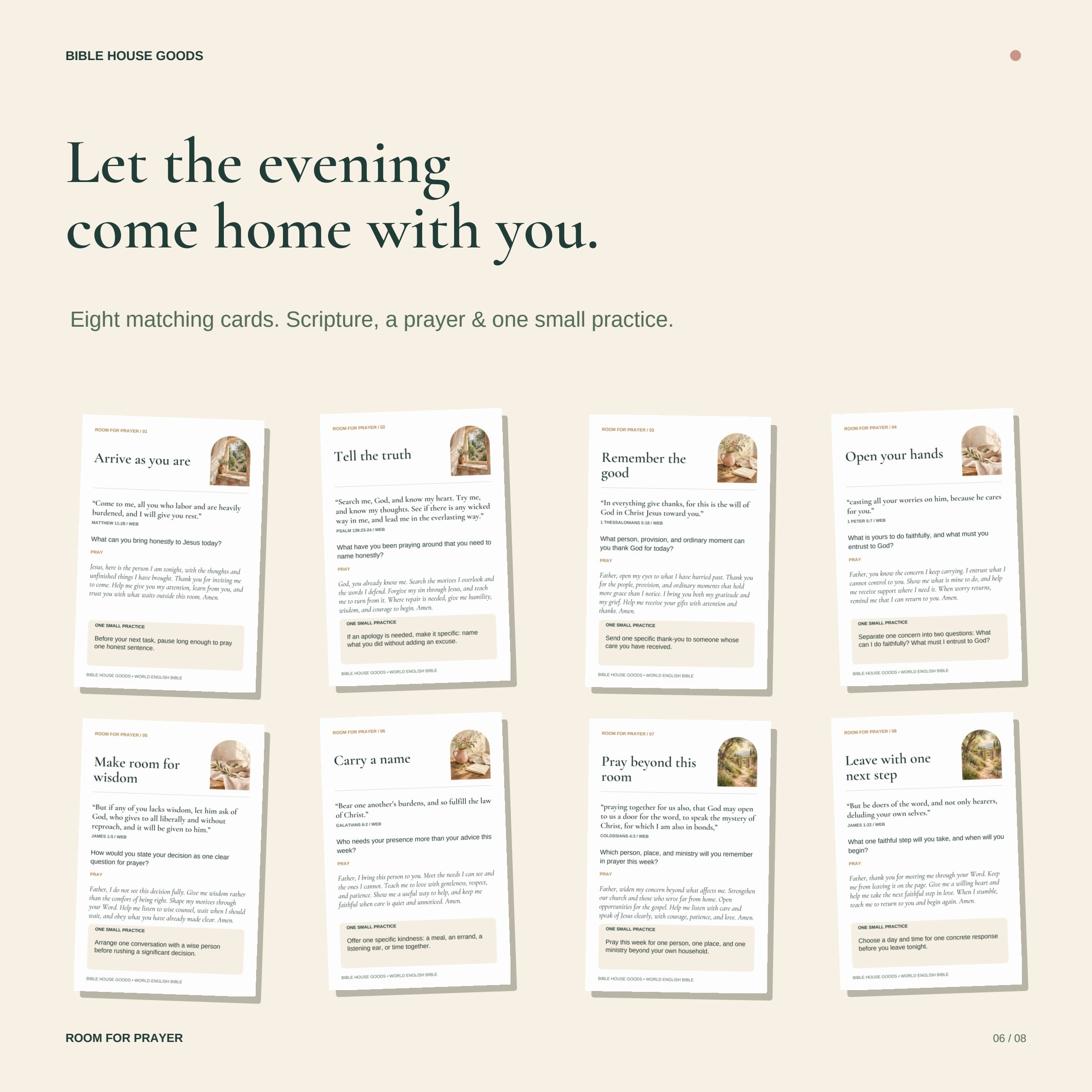 Eight actual 4x6 take-home prayer cards featuring modern English Scripture, an original prayer, and one small practice.