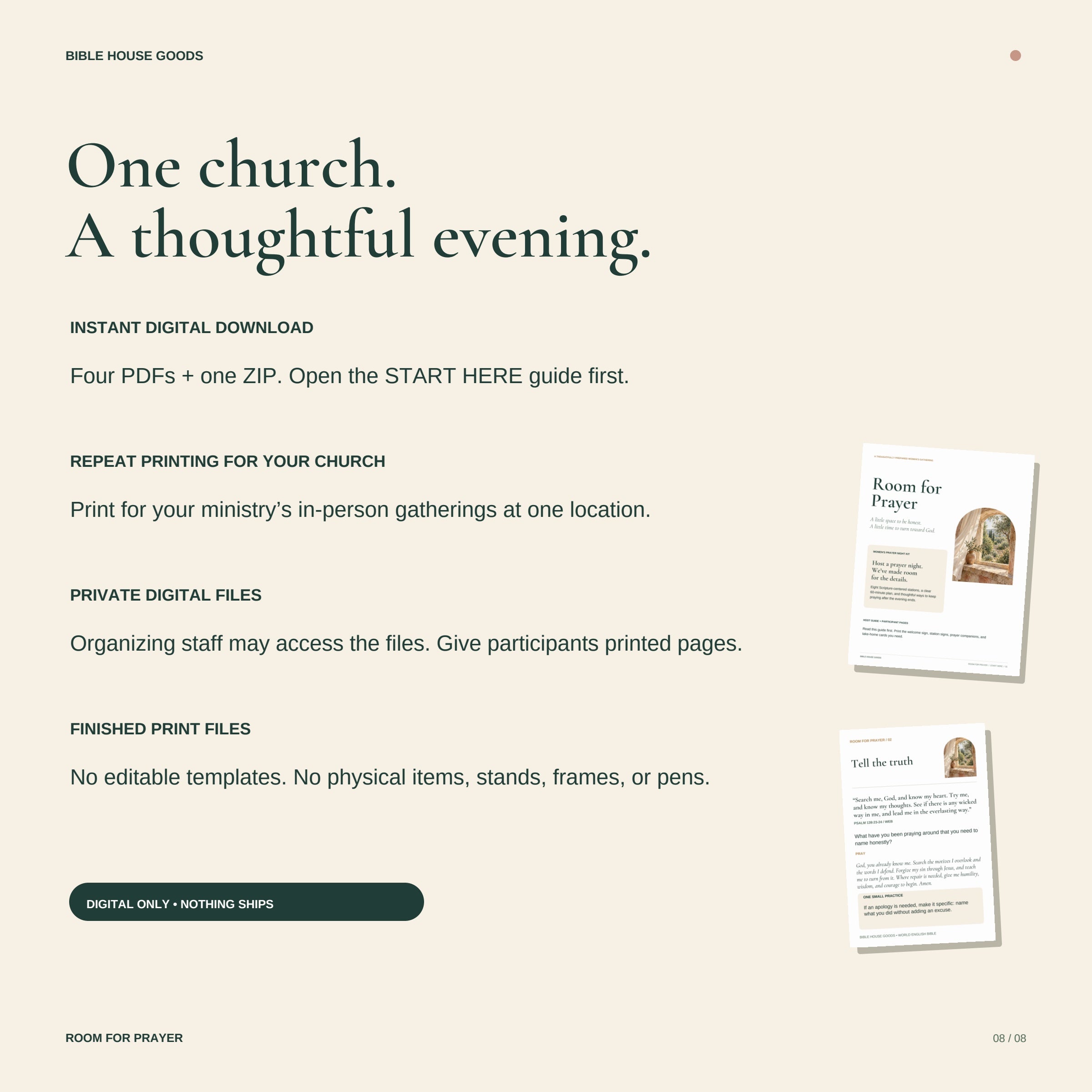 Digital purchase details: four PDFs and one ZIP, repeat printing for one church, private staff access, no physical items.