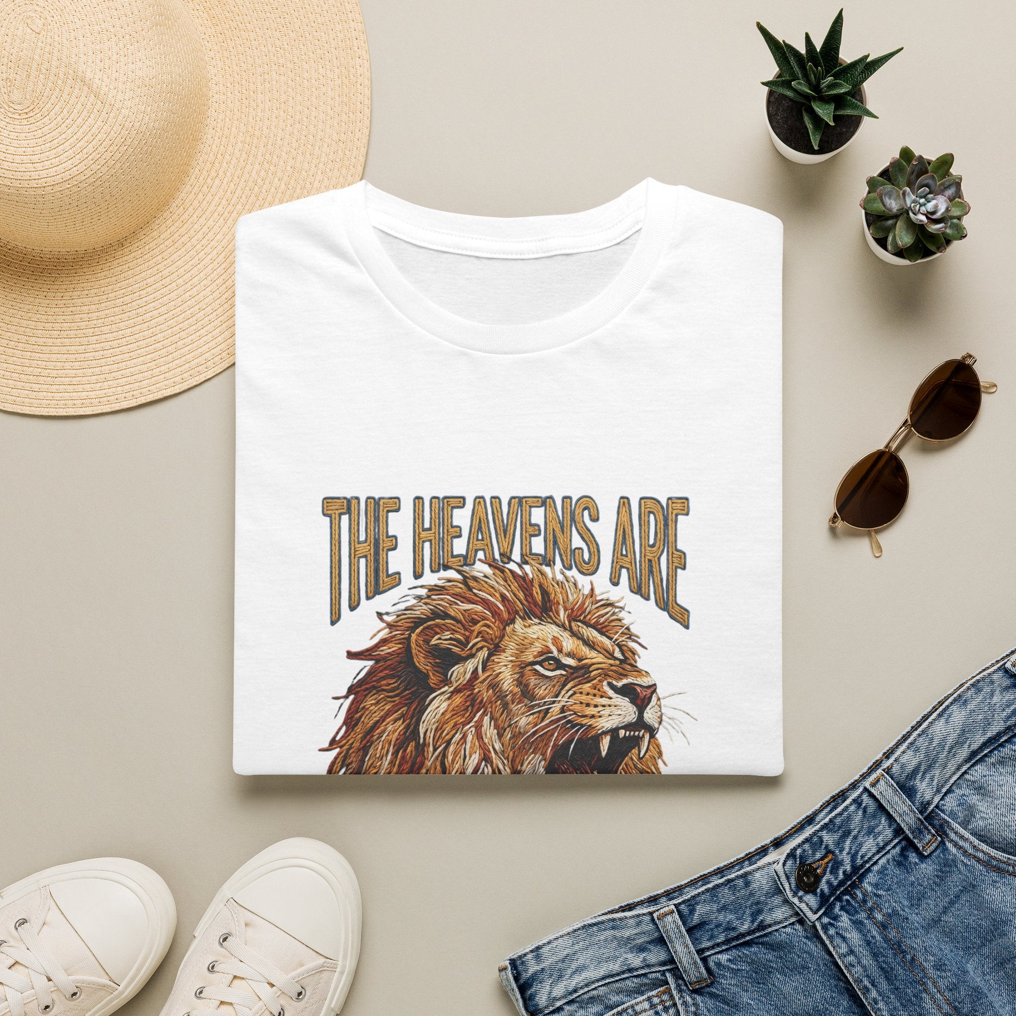 The Heavens Are Roaring Lion graphic T-Shirt | Faith Christian Scripture design