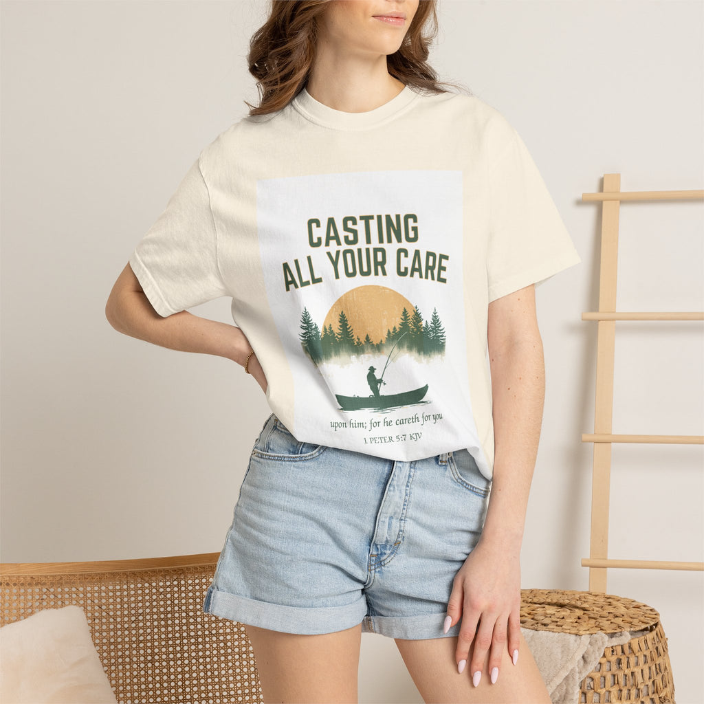 Casting All Your Care Fishing Shirt | 1 Peter 5:7 KJV Tee, Christian Fishing Dad Tee, Fathers Day Gift for Fisherman, Southern Scripture Tee