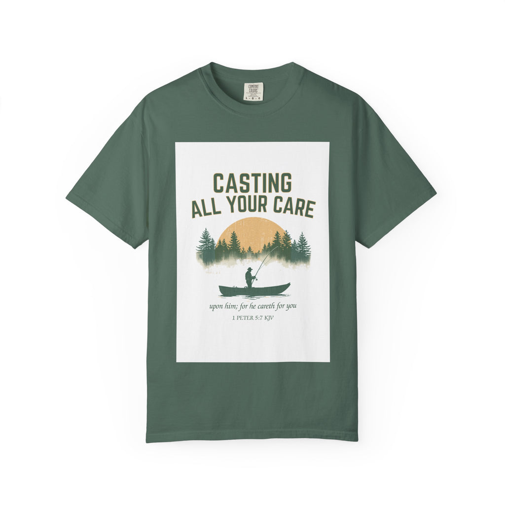 Casting All Your Care Fishing Shirt | 1 Peter 5:7 KJV Tee, Christian Fishing Dad Tee, Fathers Day Gift for Fisherman, Southern Scripture Tee