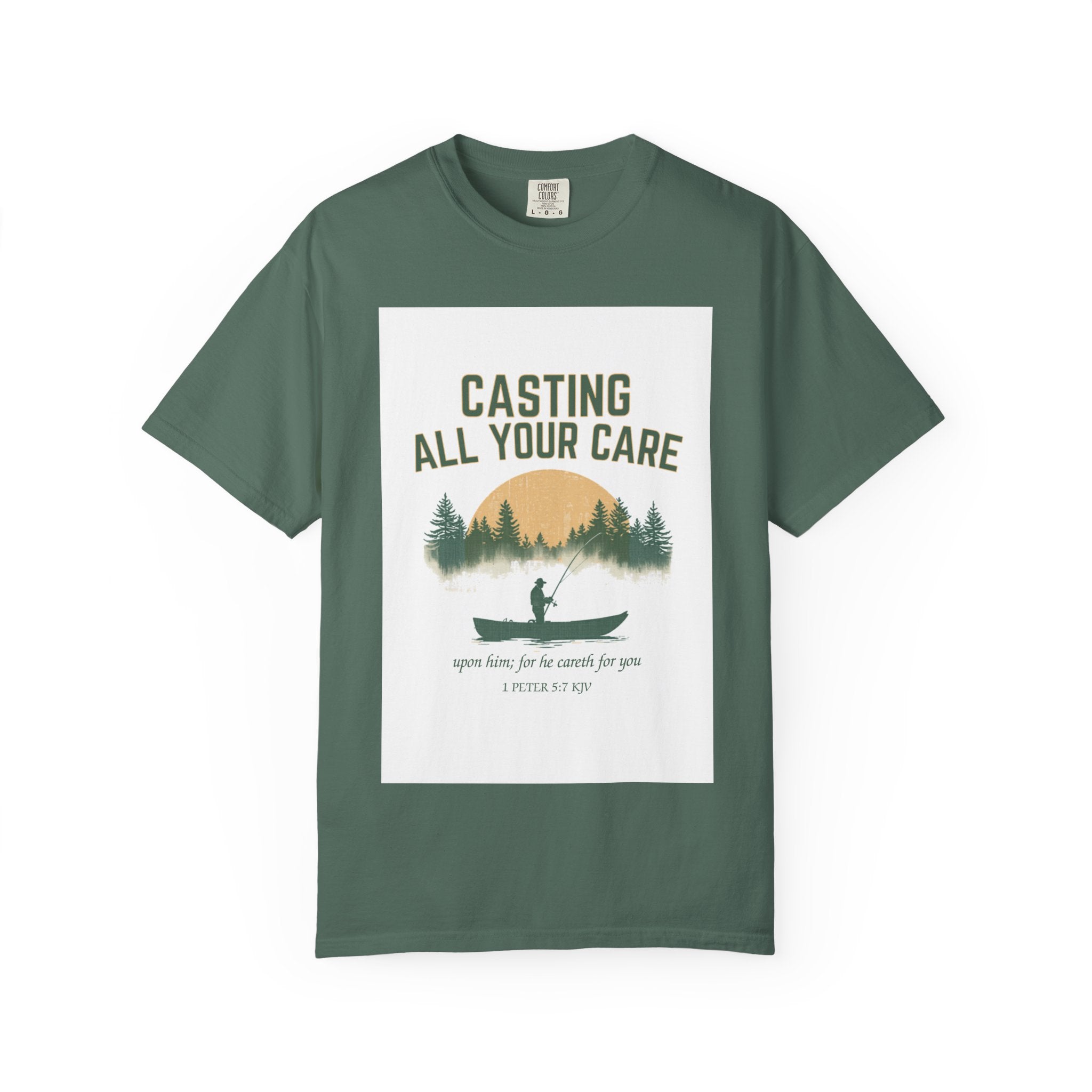 Casting All Your Care Fishing Shirt | 1 Peter 5:7 KJV Tee, Christian Fishing Dad Tee, Fathers Day Gift for Fisherman, Southern Scripture Tee