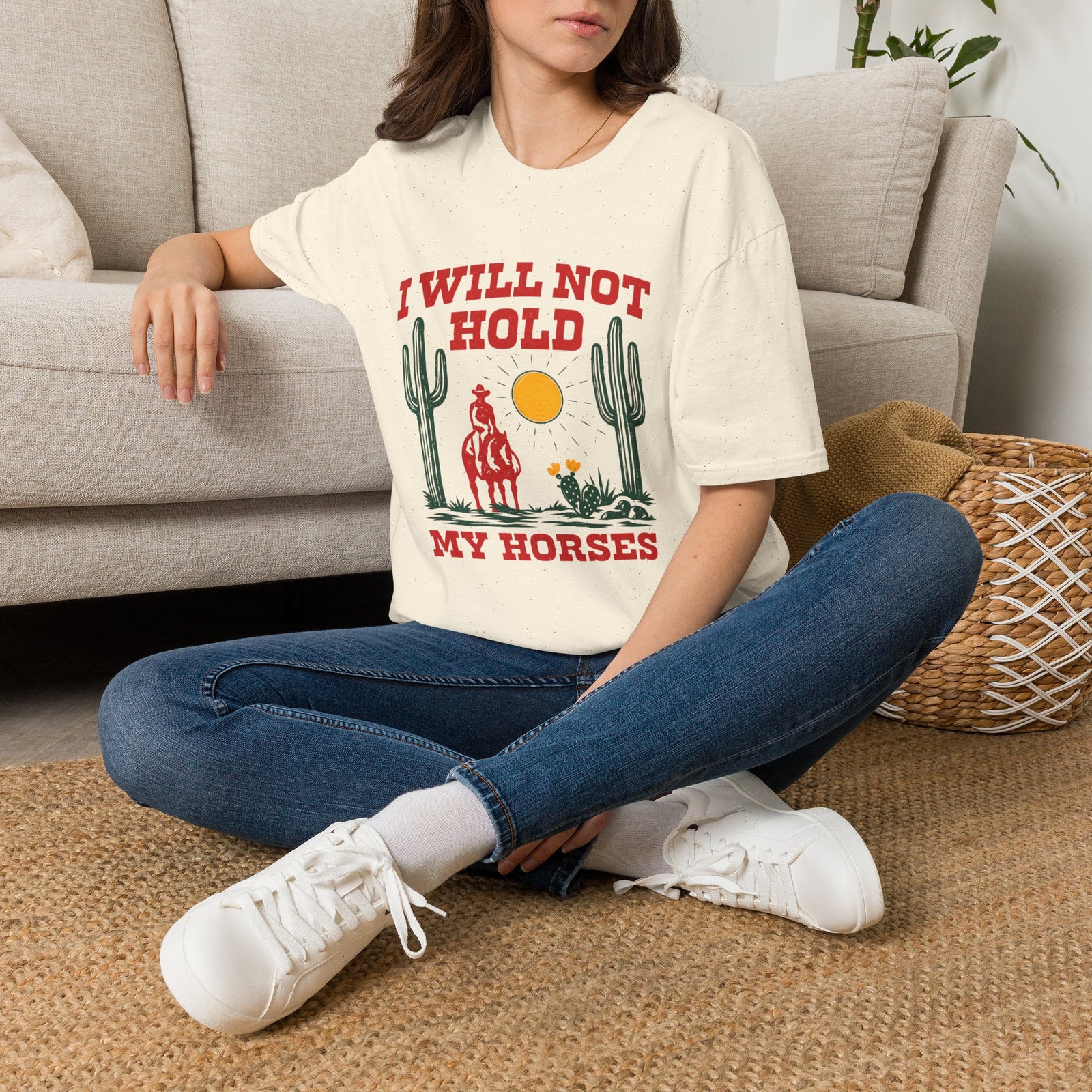 I Will Not Hold My Horses T-Shirt | Western Cactus Rodeo Sunset
