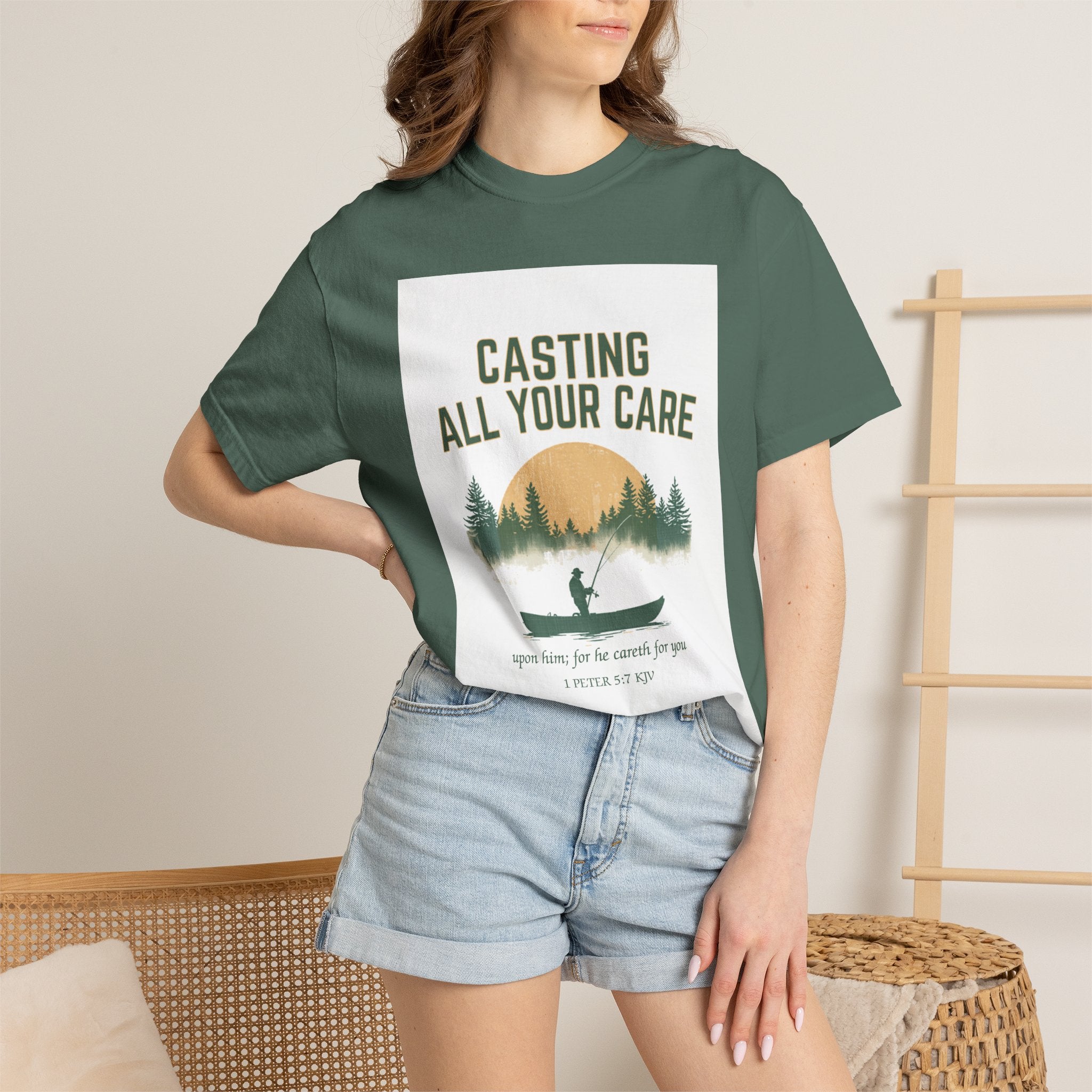 Casting All Your Care Fishing Shirt | 1 Peter 5:7 KJV Tee, Christian Fishing Dad Tee, Fathers Day Gift for Fisherman, Southern Scripture Tee