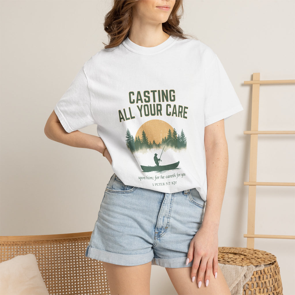 Casting All Your Care Fishing Shirt | 1 Peter 5:7 KJV Tee, Christian Fishing Dad Tee, Fathers Day Gift for Fisherman, Southern Scripture Tee