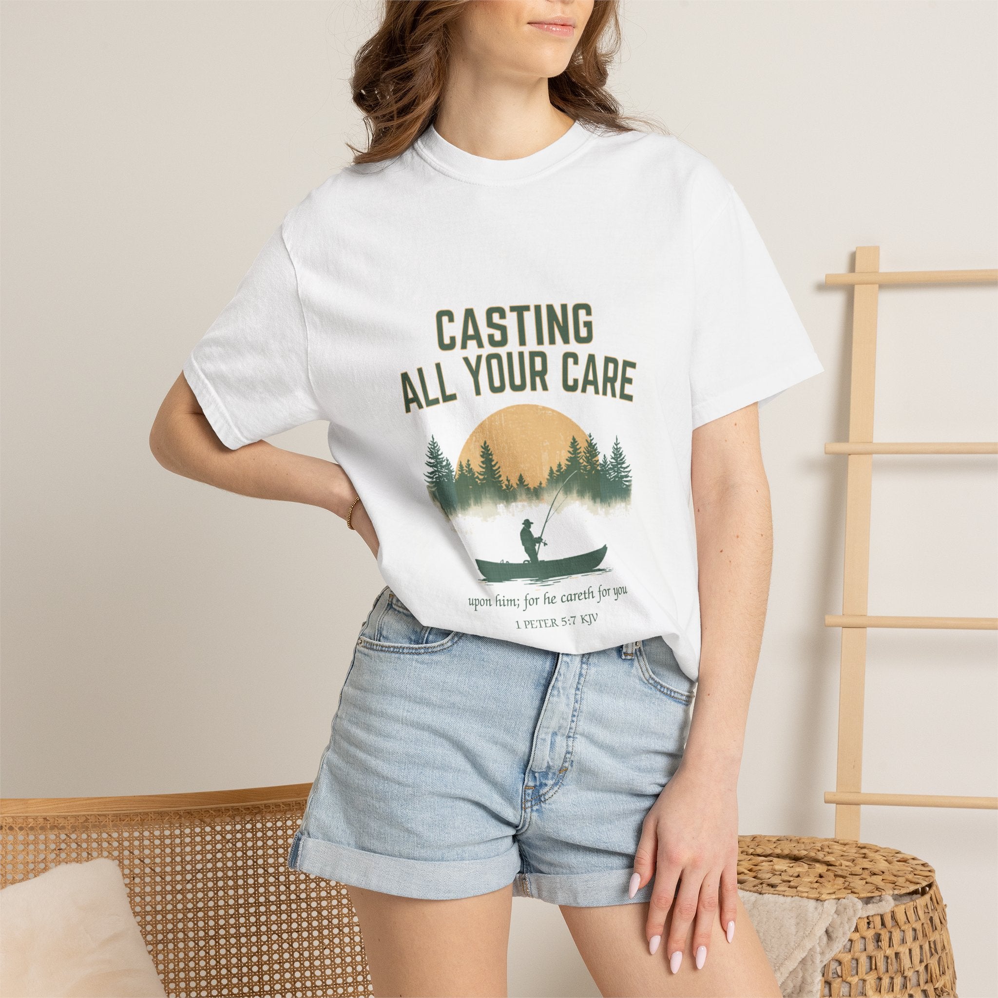 Casting All Your Care Fishing Shirt | 1 Peter 5:7 KJV Tee, Christian Fishing Dad Tee, Fathers Day Gift for Fisherman, Southern Scripture Tee