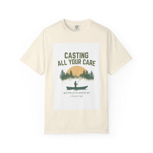 Casting All Your Care Fishing Shirt | 1 Peter 5:7 KJV Tee, Christian Fishing Dad Tee, Fathers Day Gift for Fisherman, Southern Scripture Tee