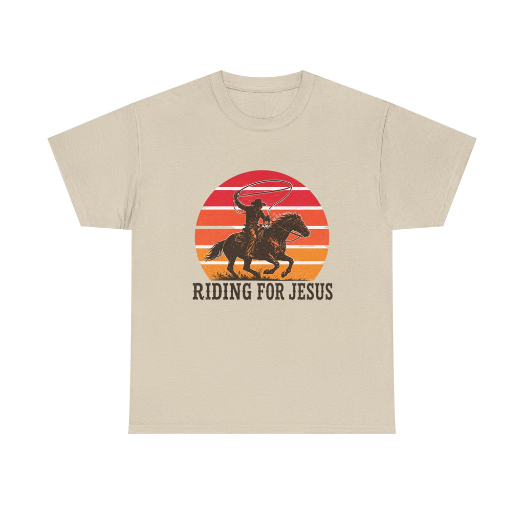 Riding for Jesus tee | Cowboy silhouette sunset graphic tee