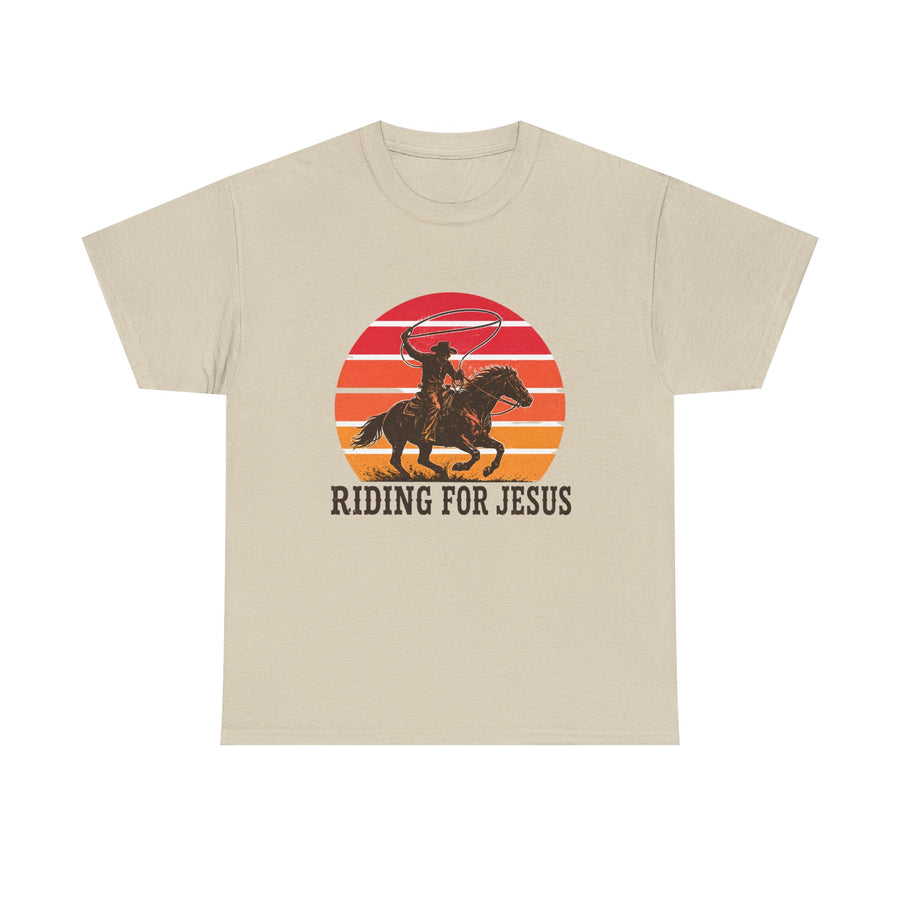 Riding for Jesus tee | Cowboy silhouette sunset graphic tee