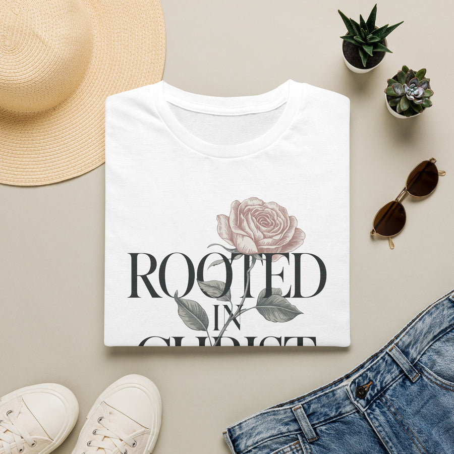 Rooted in Christ T-Shirt | Floral Rose Christian Faith Tee