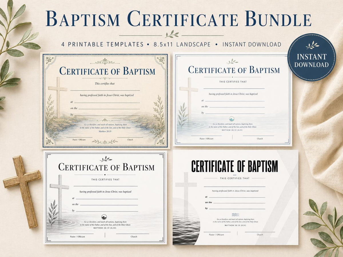 Baptism Certificate Template Bundle, 4 Landscape PDF Designs (Digital Download) - Bible House Goodsced_31554673053