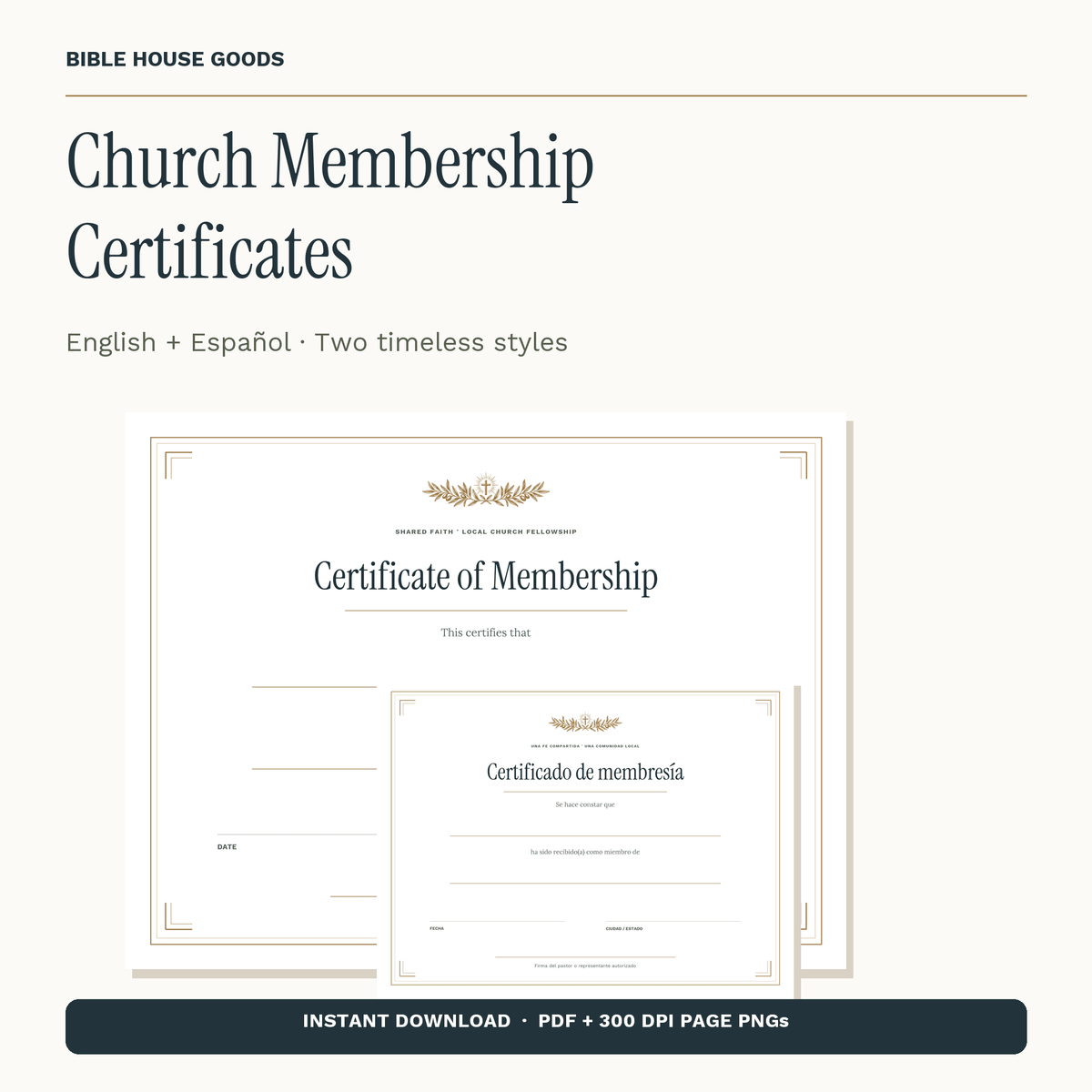 Church Membership Certificate Printable | English & Spanish Fillable PDF, 4 New Member Keepsake Designs, Christian Church Instant Download - Bible House GoodsBHG-MEMBERSHIP-ENES-04