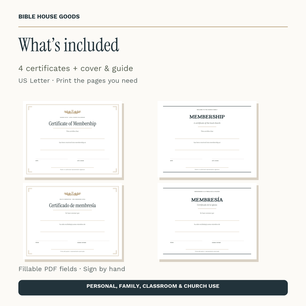 Church Membership Certificate Printable | English & Spanish Fillable PDF, 4 New Member Keepsake Designs, Christian Church Instant Download - Bible House GoodsBHG-MEMBERSHIP-ENES-04