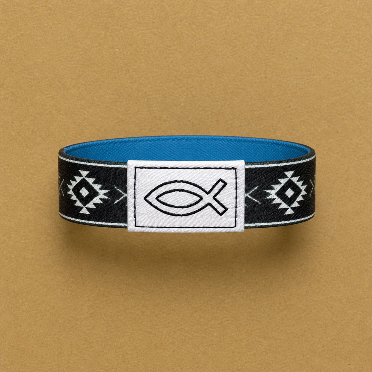 Cobalt Blue Grey Aztec Bible Band NFC wristband shown horizontally