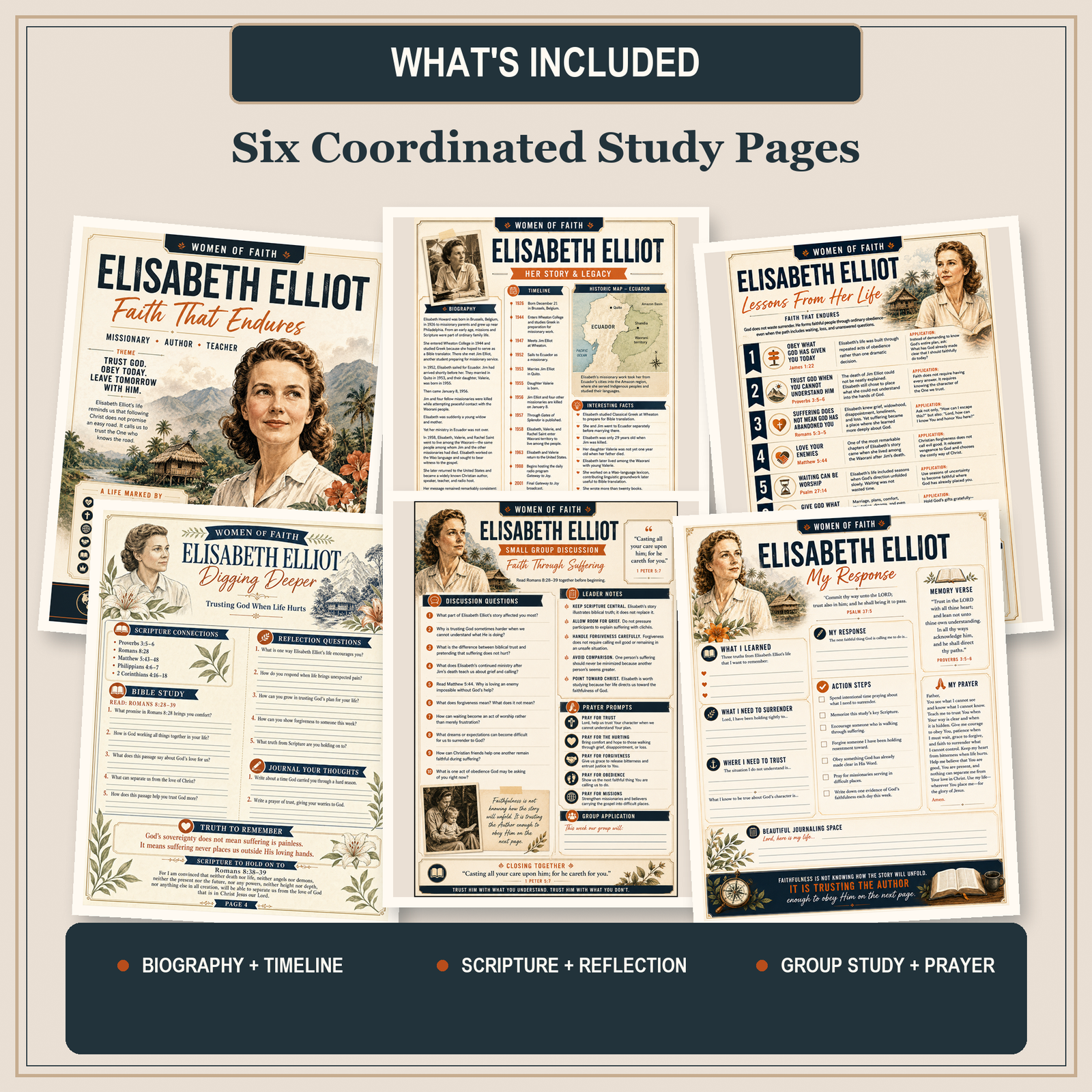 Six coordinated Elisabeth Elliot Bible study printable pages