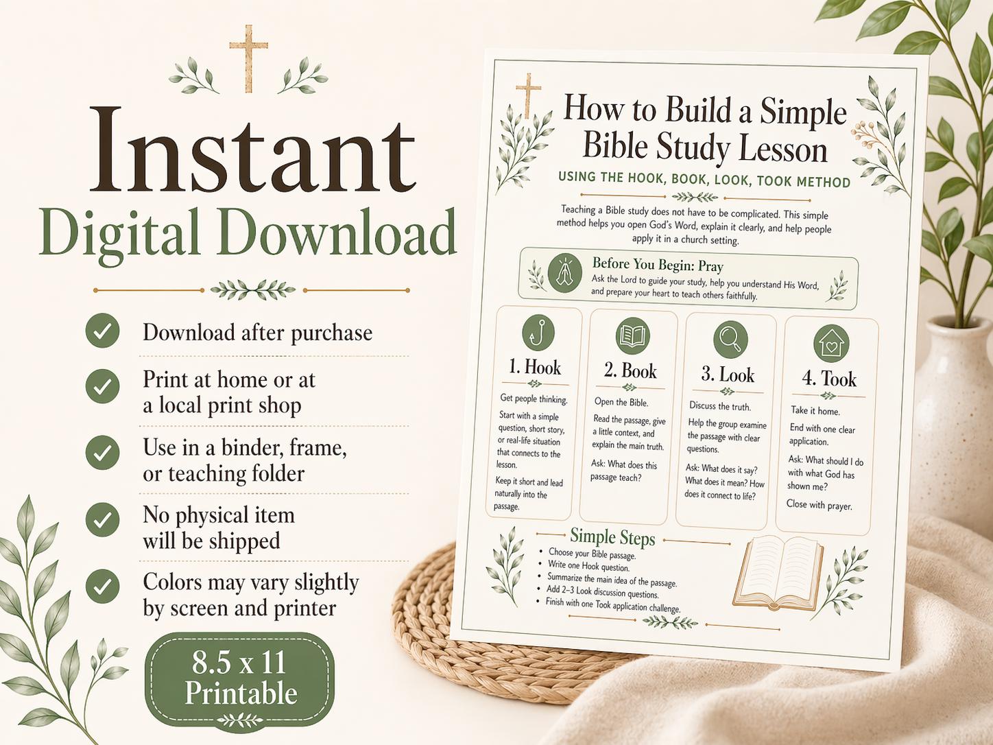 Simple Bible Study Lesson Guide | Hook Book Look Took Method (Digital Download)