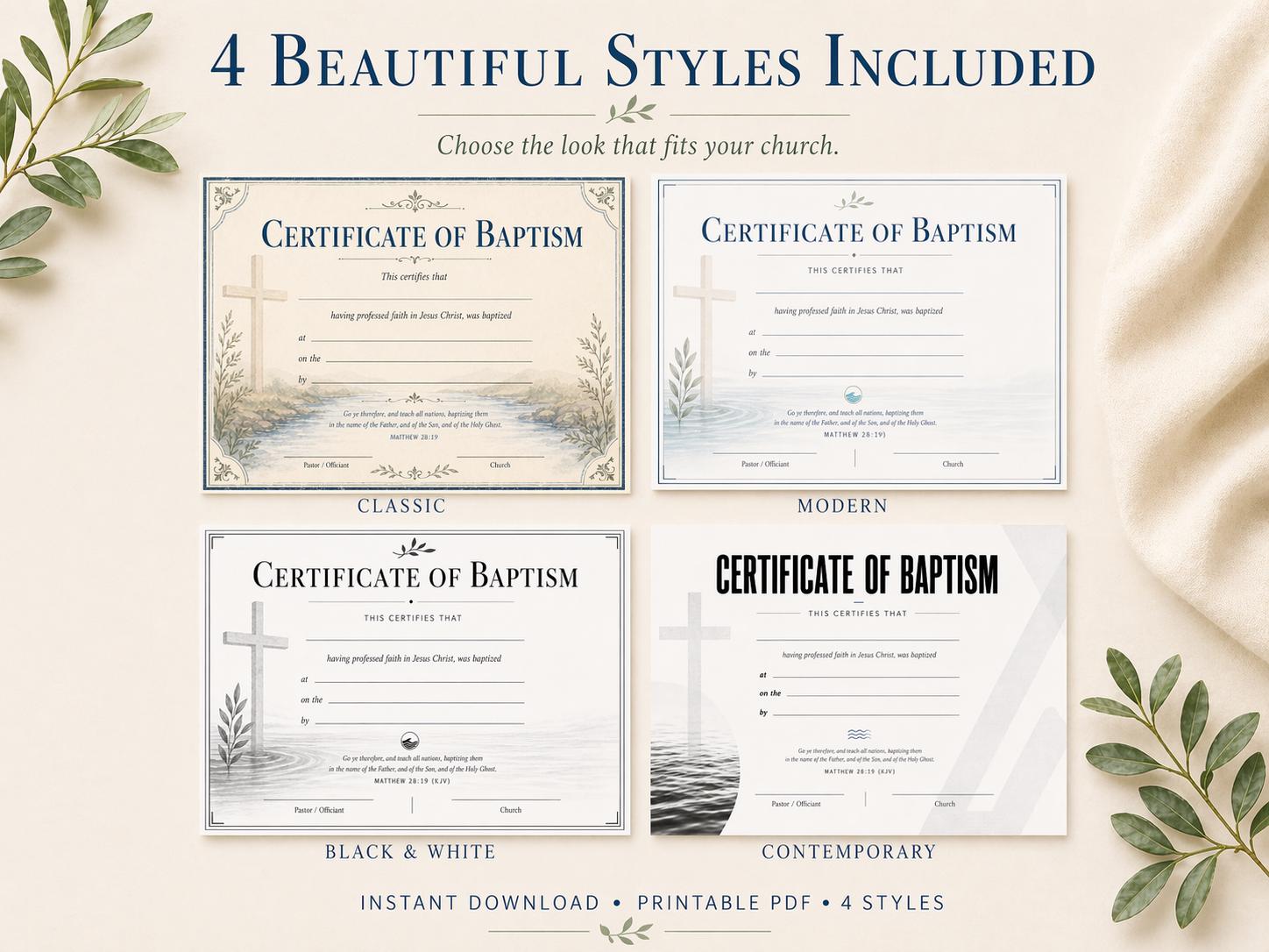 Baptism Certificate Template Bundle, 4 Landscape PDF Designs (Digital Download)