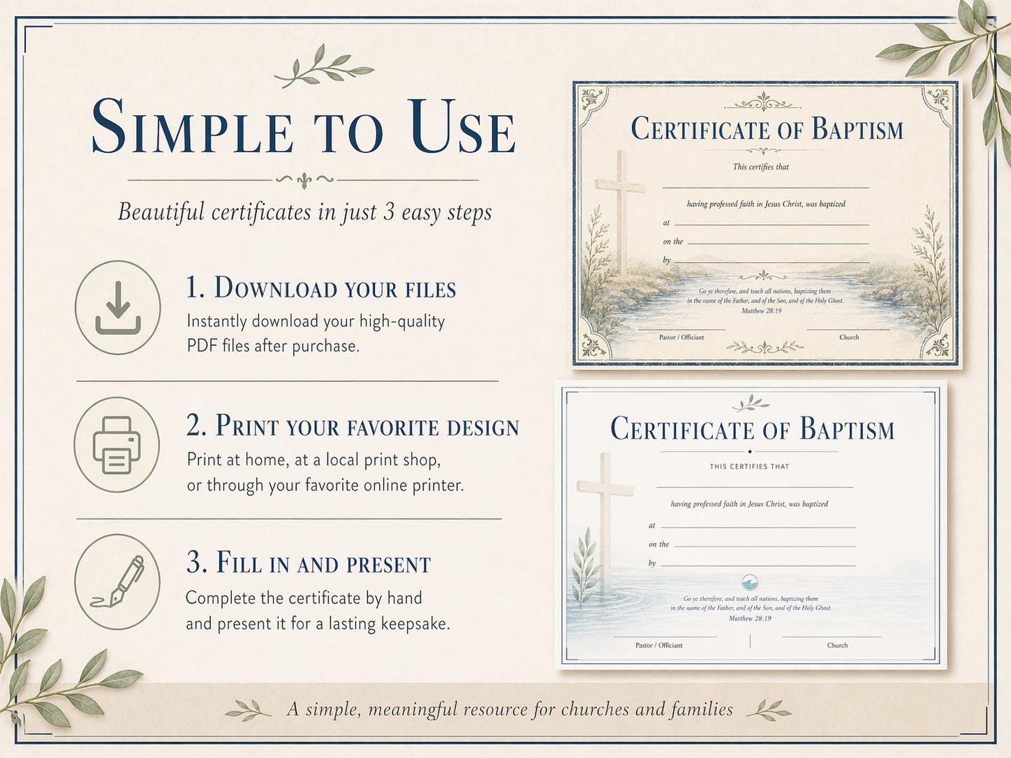 Baptism Certificate Template Bundle, 4 Landscape PDF Designs (Digital Download)