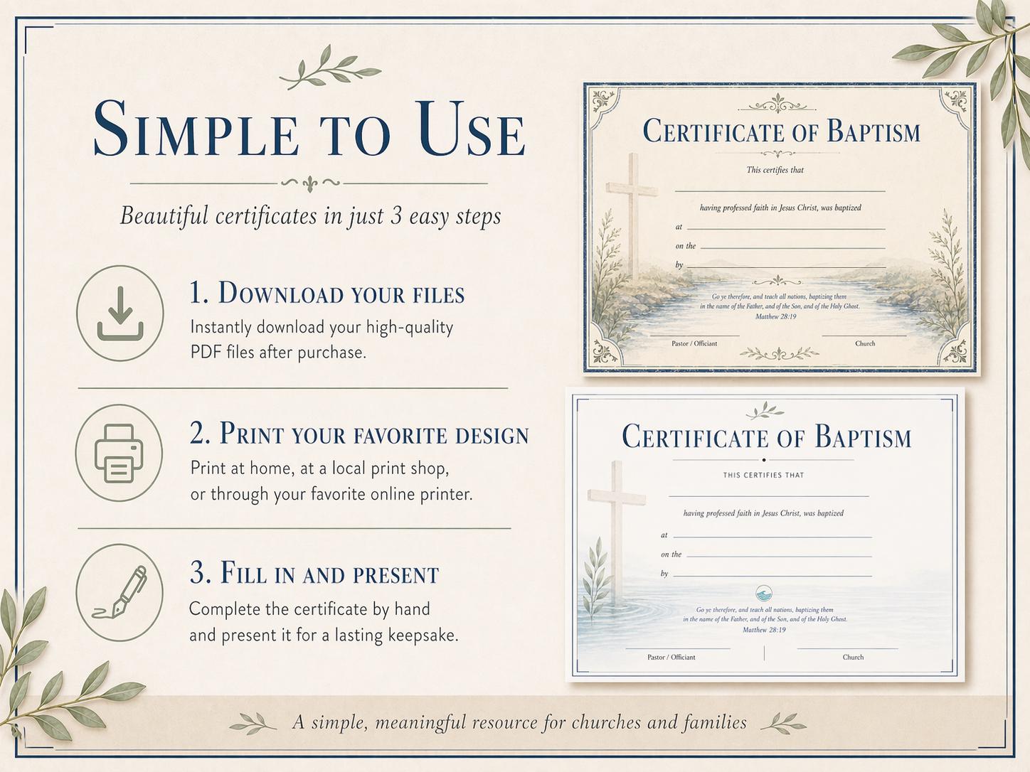 Baptism Certificate Template Bundle, 4 Landscape PDF Designs (Digital Download)