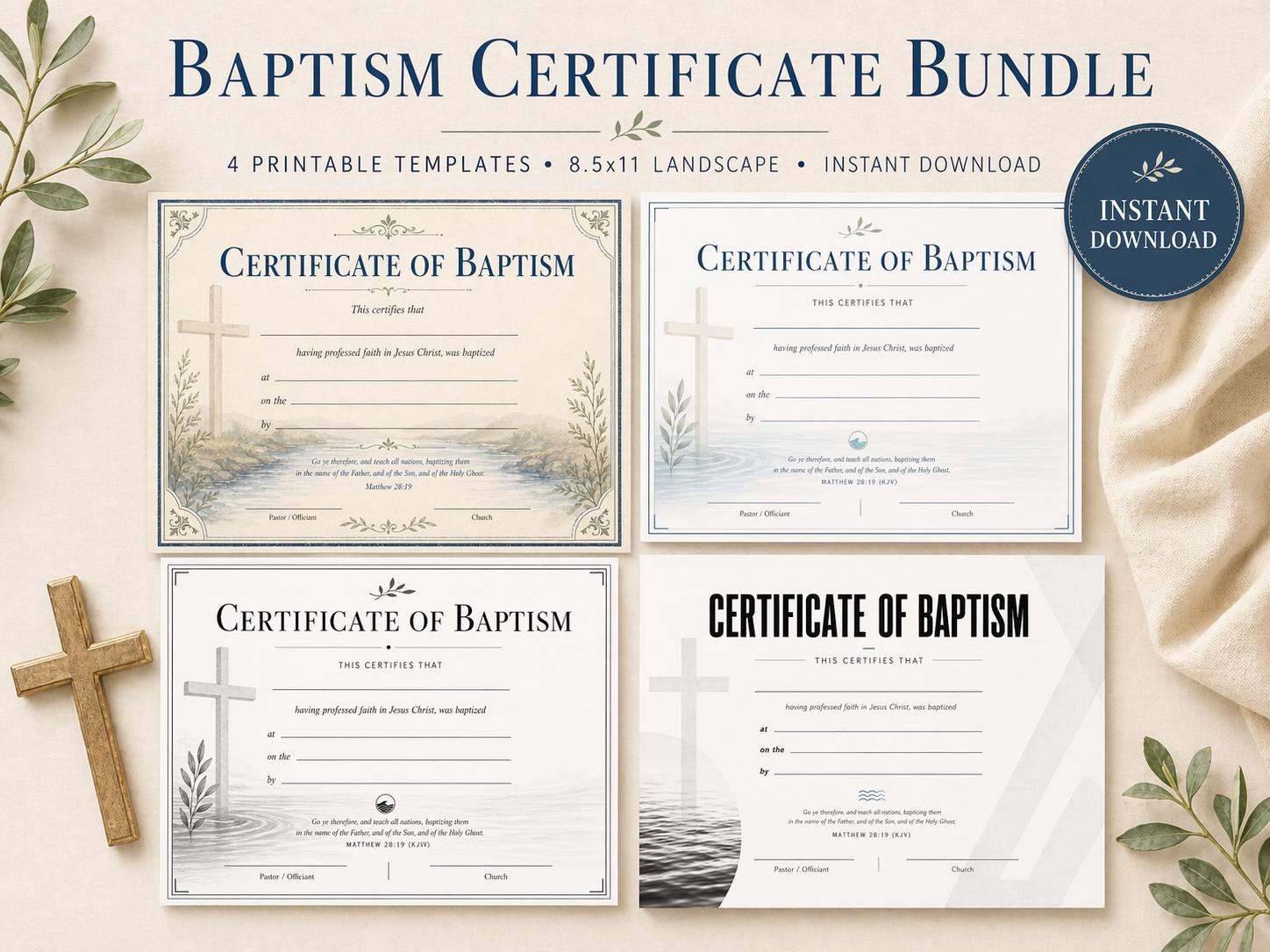 Baptism Certificate Template Bundle, 4 Landscape PDF Designs (Digital Download)