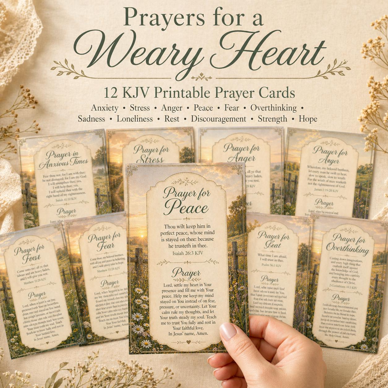 Prayers for a Weary Heart — 12 KJV Printable Scripture Prayer Cards