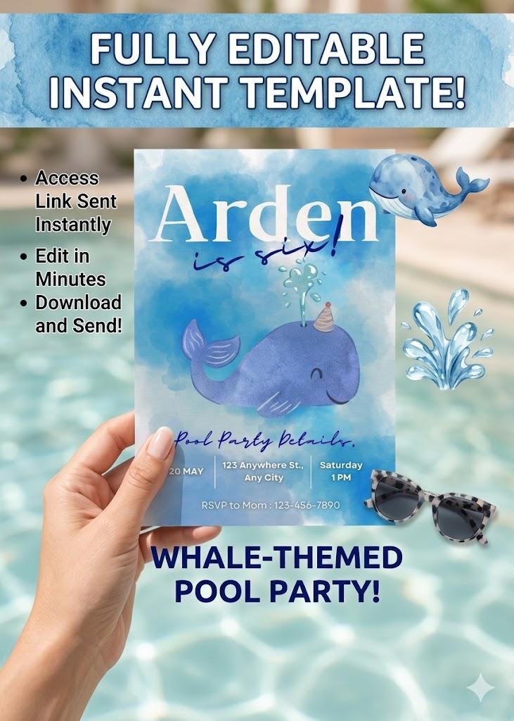 Whale Pool Party Invitation, Watercolor Birthday Template (Digital Download)