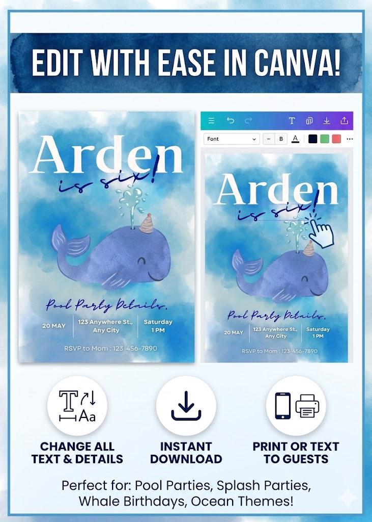 Whale Pool Party Invitation, Watercolor Birthday Template (Digital Download)