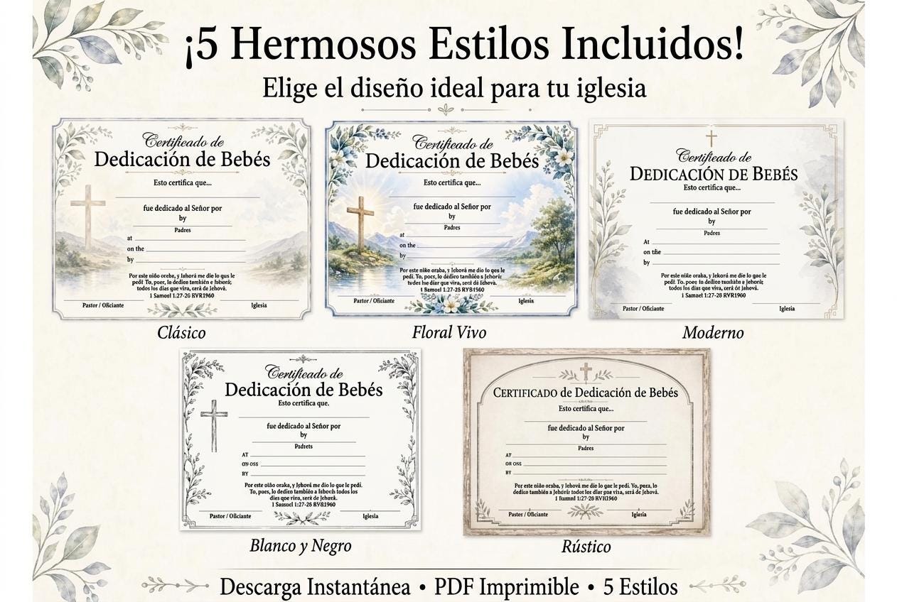 Spanish Baby Dedication Certificate, 5 Styles, Printable Template (Digital Download) Bible House Goods