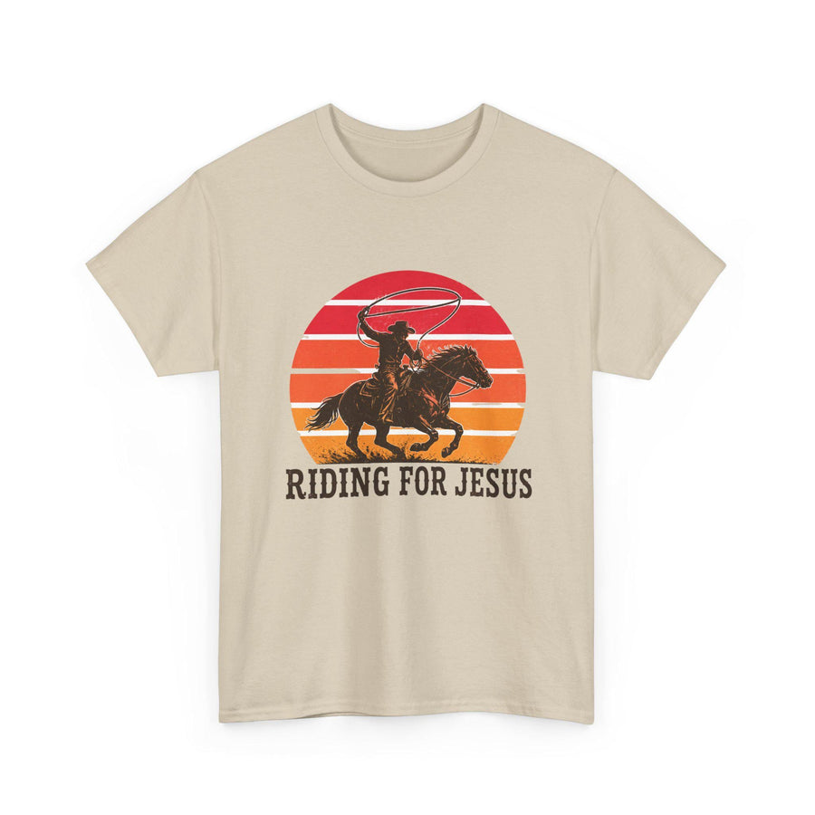 Riding for Jesus tee | Cowboy silhouette sunset graphic tee