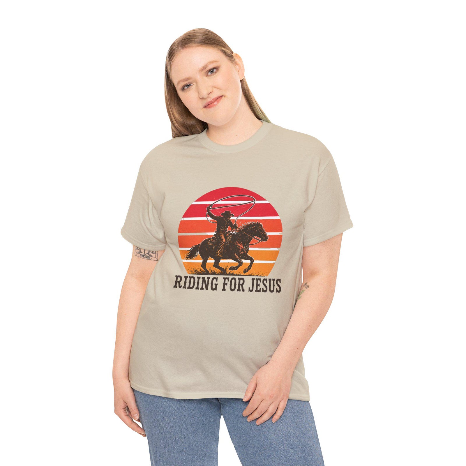 Riding for Jesus tee | Cowboy silhouette sunset graphic tee