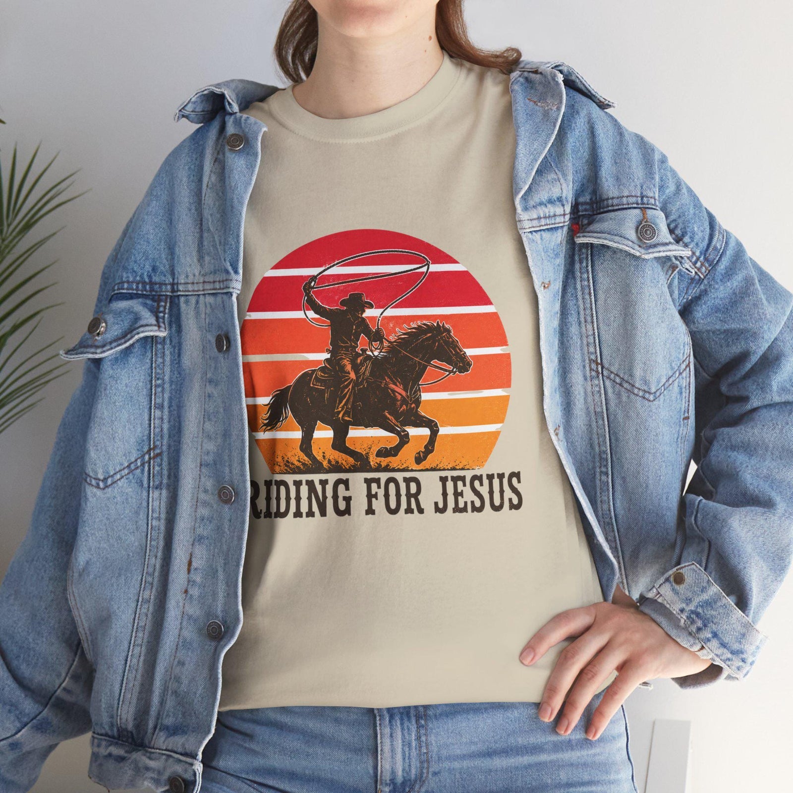 Riding for Jesus tee | Cowboy silhouette sunset graphic tee