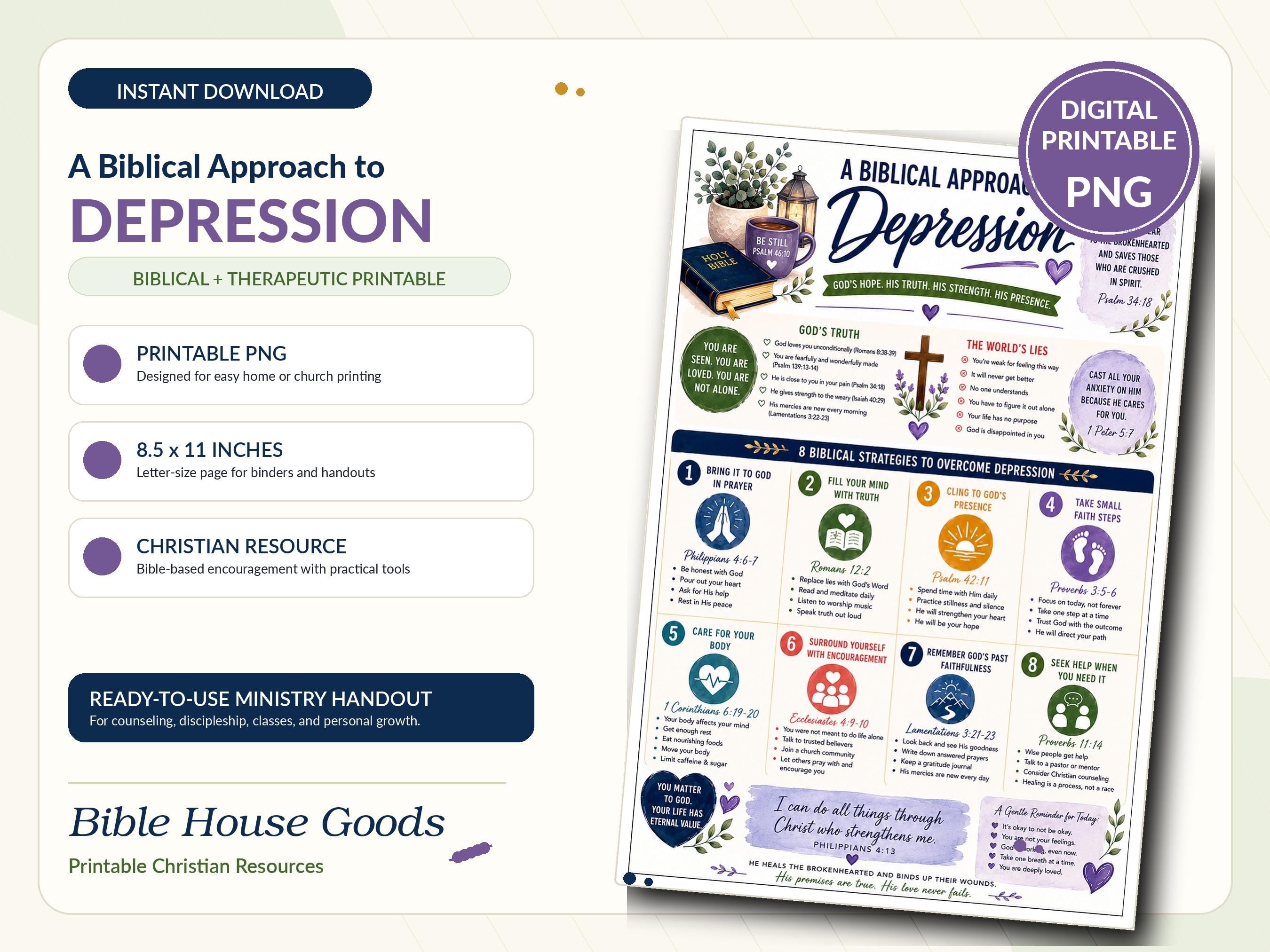 Biblical Approach to Depression Printable | Christian Hope Scripture Infographic, Faith-Based Depression Guide, Instant Download