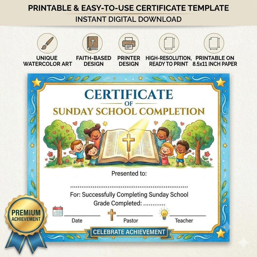 Sunday School Completion Certificate, Kids Church Award, Faith-Based Printable (Digital Download)