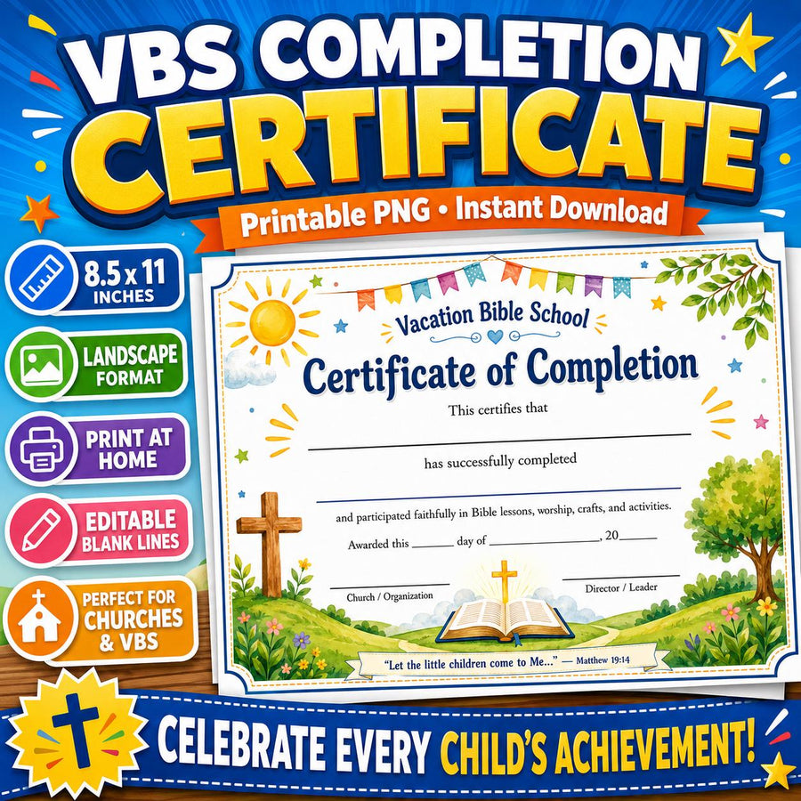 VBS Completion Certificate, Vacation Bible School Award (Digital Download)