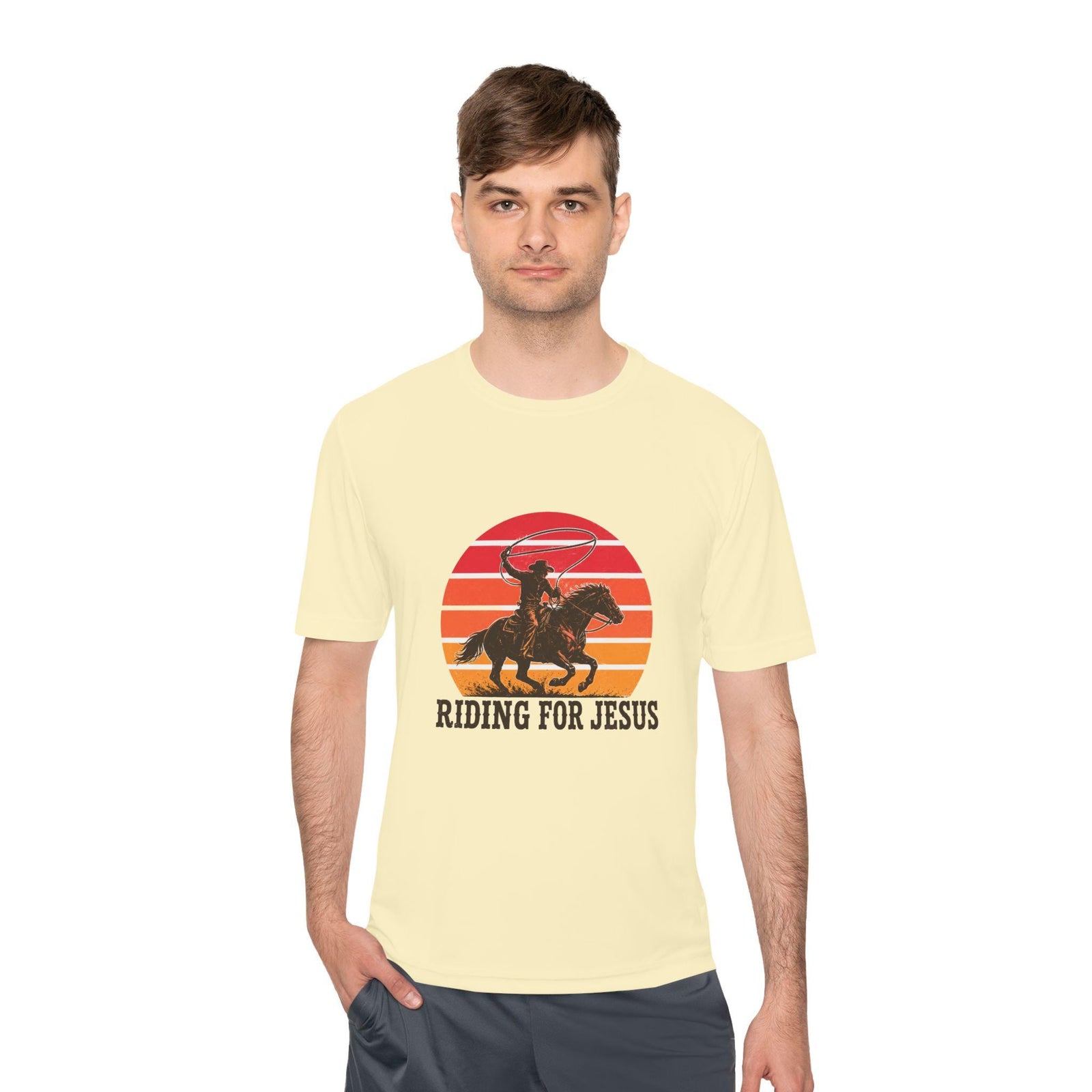 Riding for Jesus Tee | Cowboy Horse Christian Sunset Graphic
