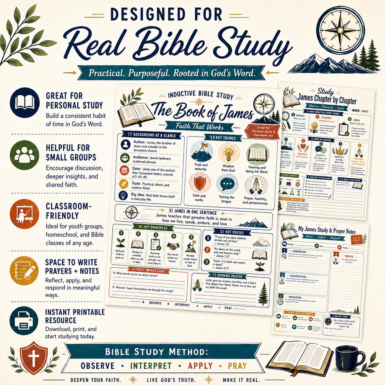 James Bible Study Printable, Inductive Study, KJV Prayer Notes (PDF)