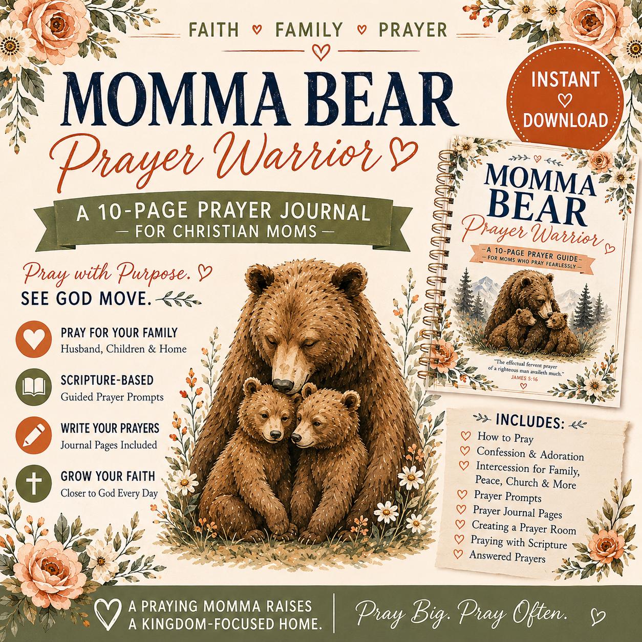 Momma Bear Prayer Warrior Journal | Christian Moms Bible Study PDF (Instant Download)