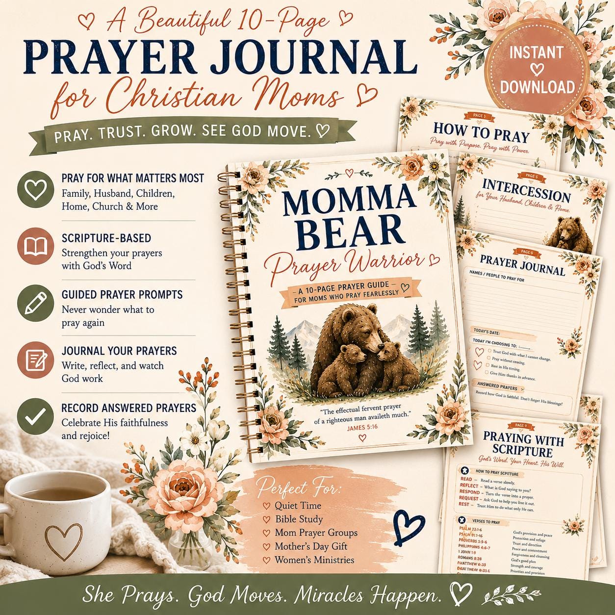 Momma Bear Prayer Warrior Journal | Christian Moms Bible Study PDF (Instant Download)