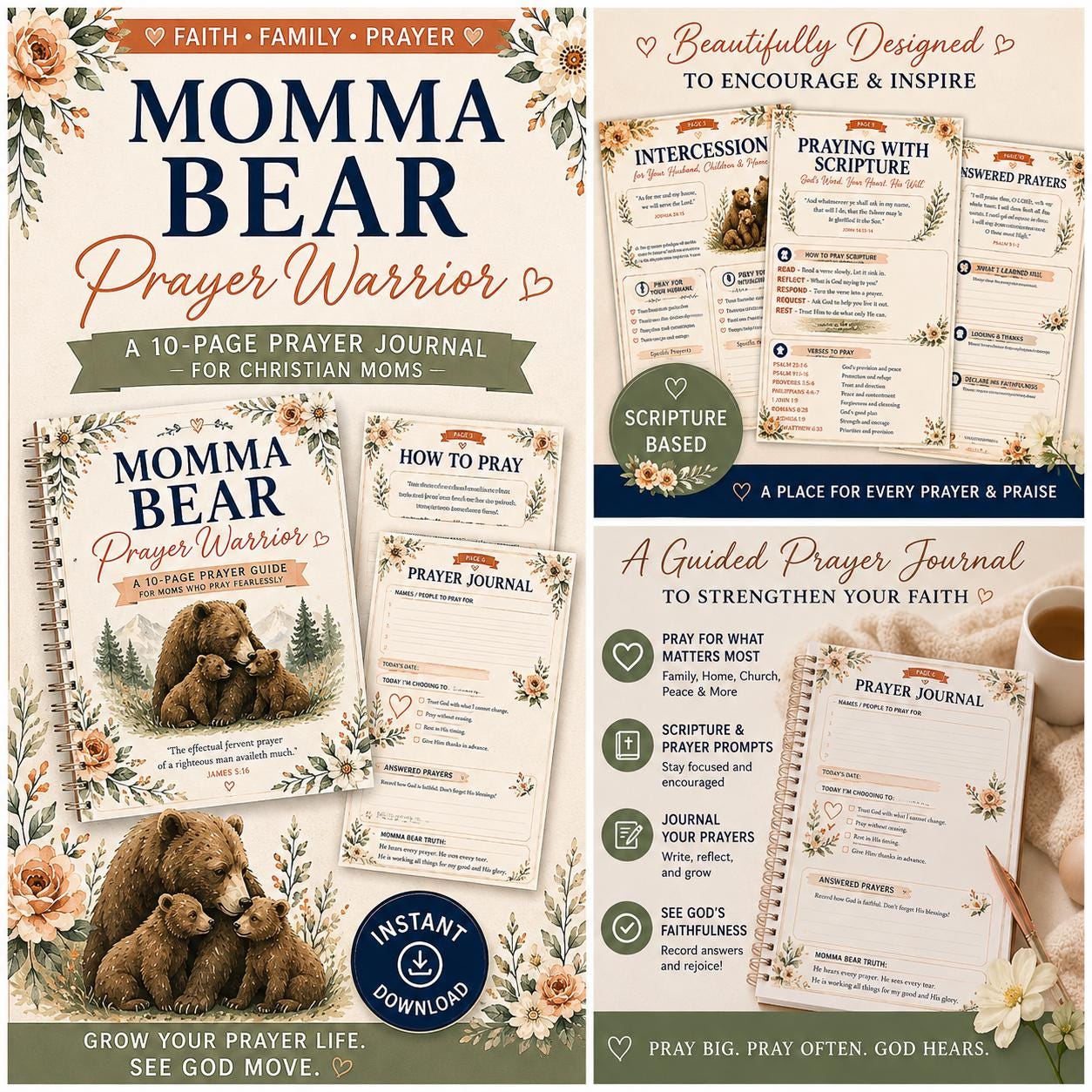 Momma Bear Prayer Warrior Journal | Christian Moms Bible Study PDF (Instant Download)