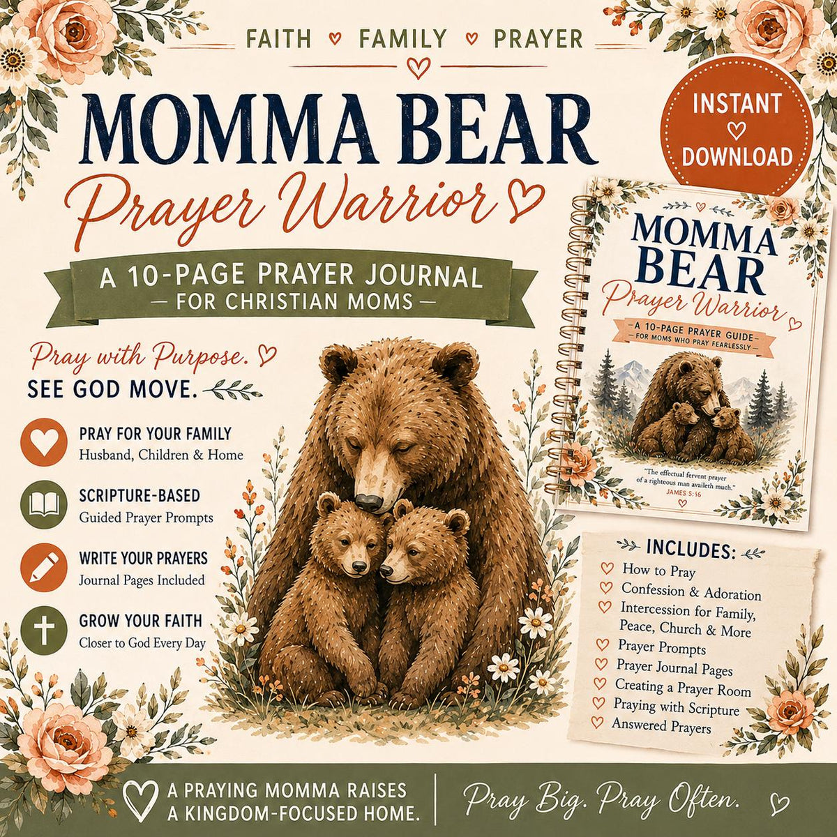 Momma Bear Prayer Warrior Journal | Christian Moms Bible Study PDF (Instant Download) - Bible House Goods