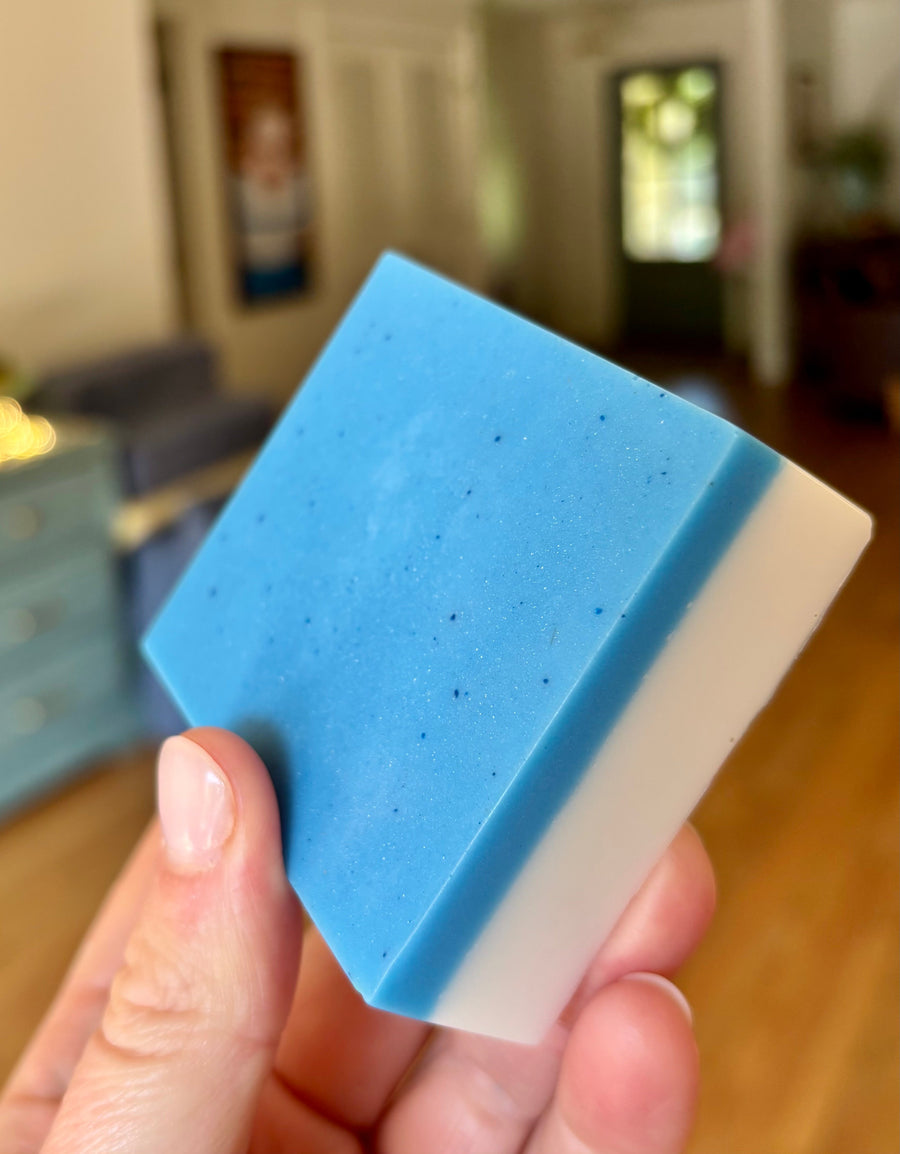 Blue and white PC Blue and Bold lavender goat's milk and shea butter soap bar