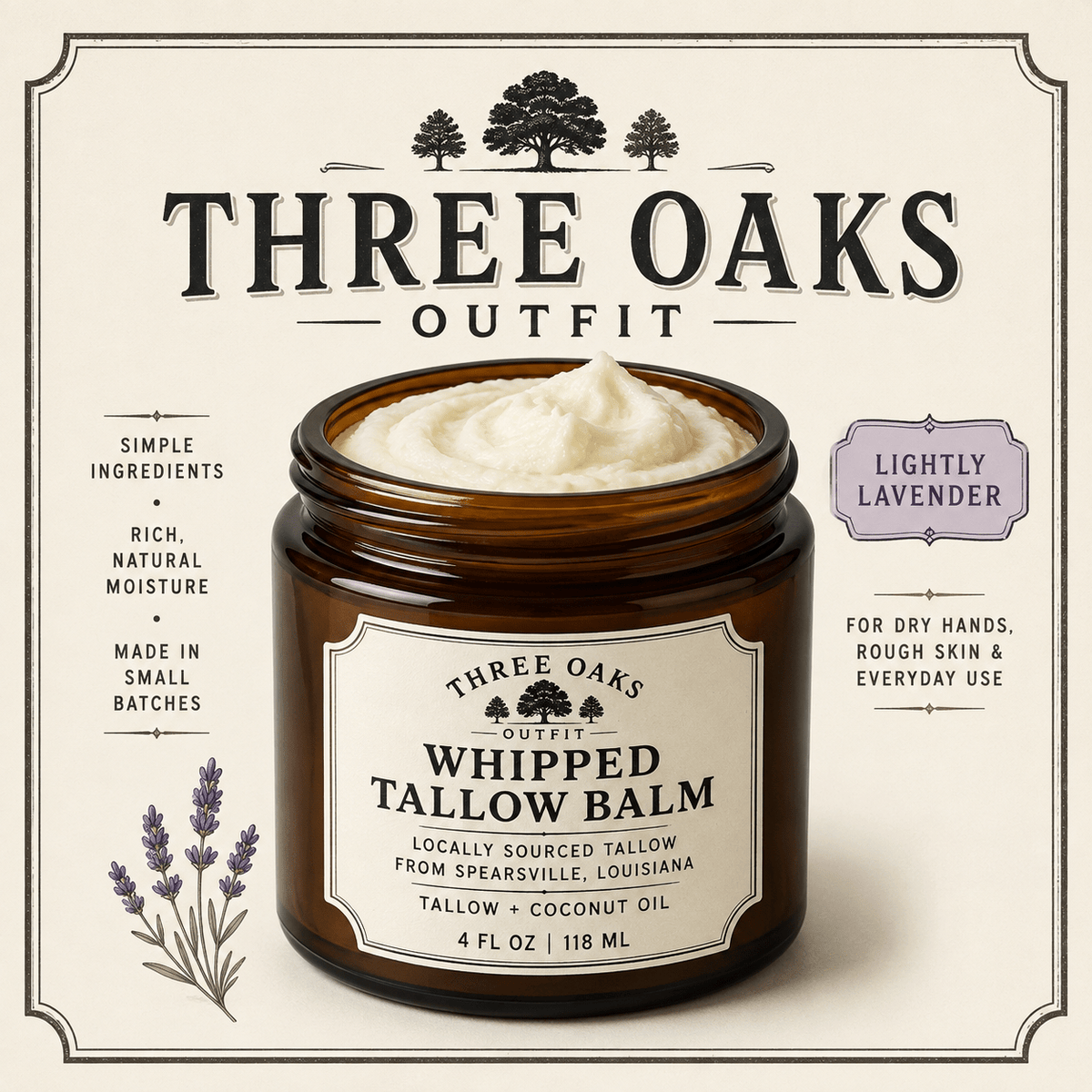 Three Oaks Outfit Lightly Lavender Tallow Balm - Bible House Goods