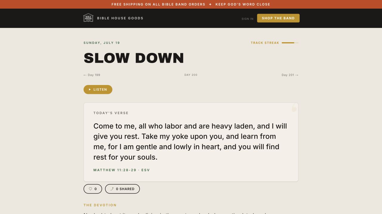 Sample Bible Band daily experience showing the day’s Scripture from Matthew 11