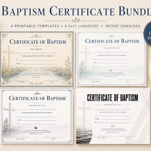 Baptism Certificate Template Bundle, 4 Landscape PDF Designs (Digital Download)